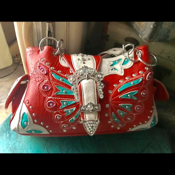 Handbags - Darling orange, cream and torquois purse w/ bling